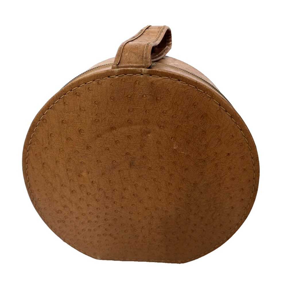 Vintage 1960's Faux Leather Zippered Round Hard Case With Mirror 12"x13"x5"